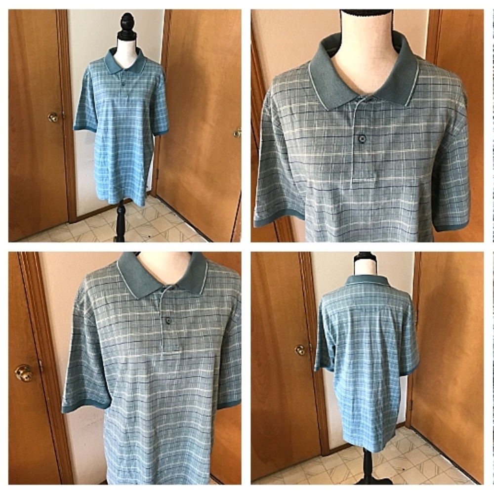 Green Plaid Polo Shirt 2 Button Cotton Blend